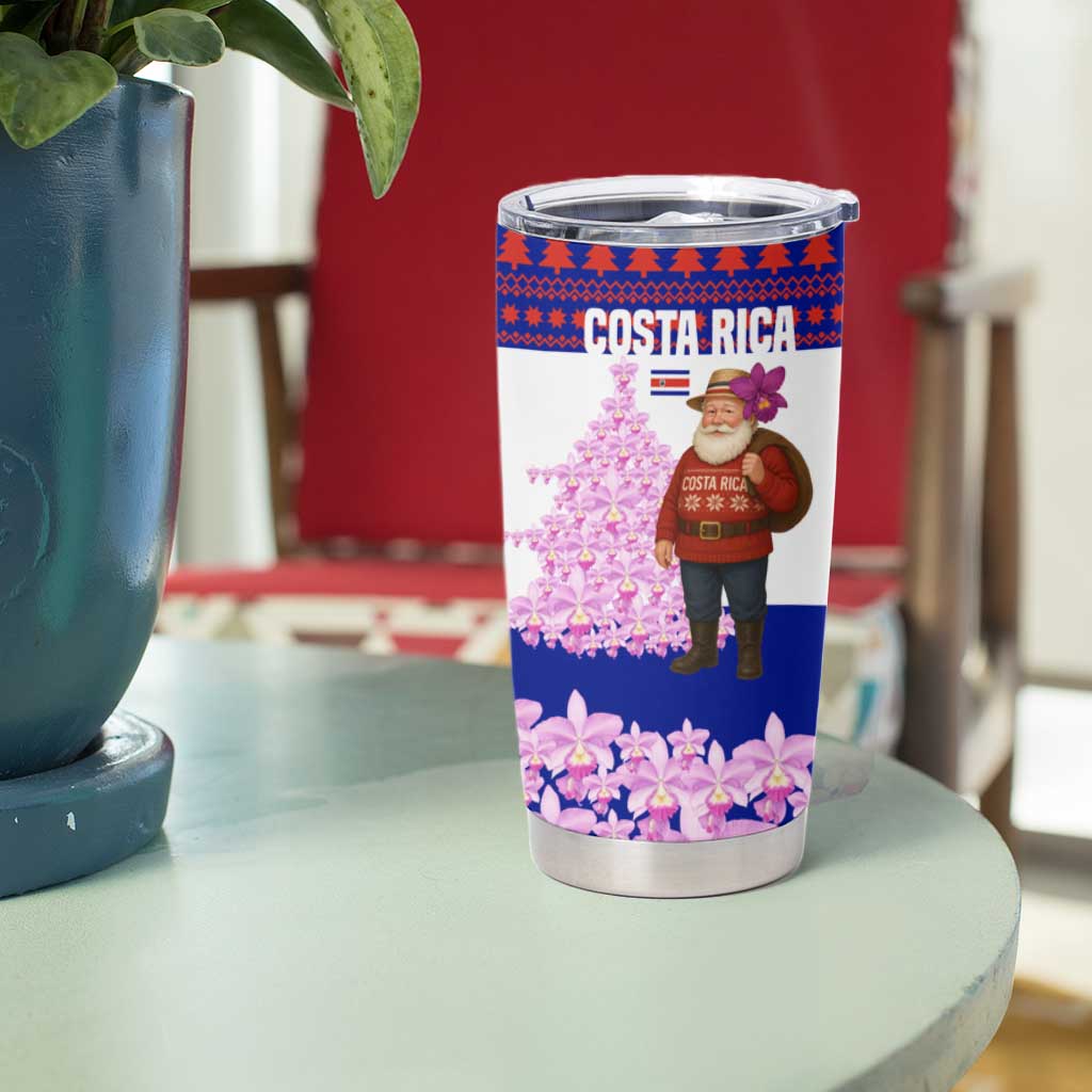 Costa Rica Christmas Tumbler Cup with Santa Claus Pink Orchid Tree National Emblem and Festive Pattern Design - Wonder Print Shop