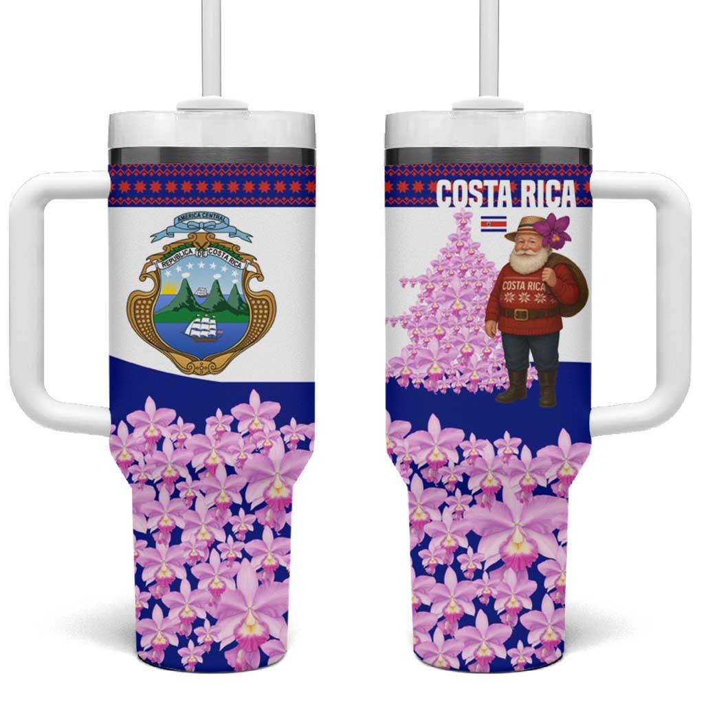 Costa Rica Christmas Tumbler With Handle with Santa Claus Pink Orchid Tree National Emblem and Festive Pattern Design - Wonder Print Shop
