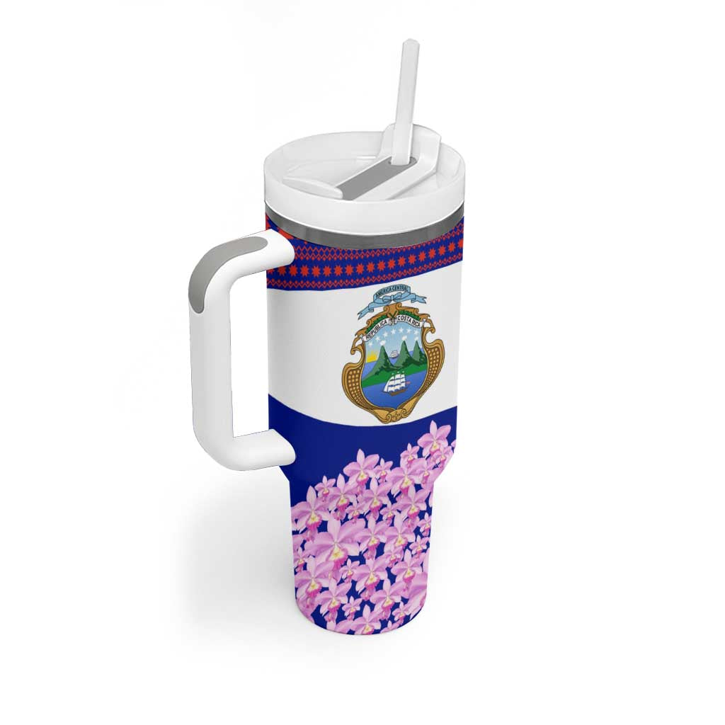 Costa Rica Christmas Tumbler With Handle with Santa Claus Pink Orchid Tree National Emblem and Festive Pattern Design - Wonder Print Shop