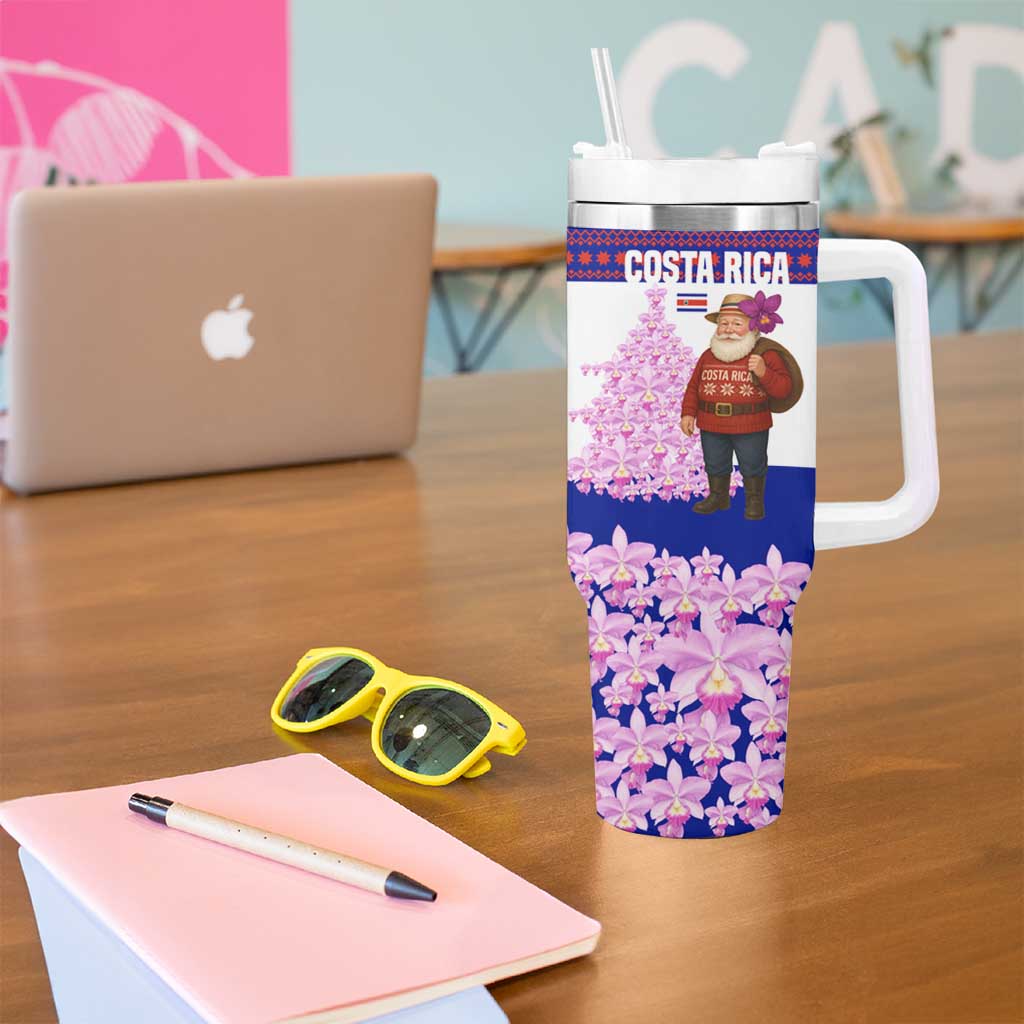 Costa Rica Christmas Tumbler With Handle with Santa Claus Pink Orchid Tree National Emblem and Festive Pattern Design - Wonder Print Shop