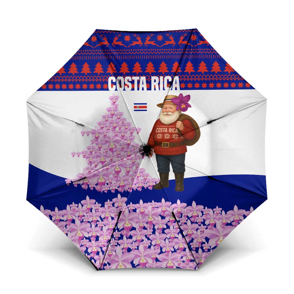 Costa Rica Christmas Umbrella with Santa Claus Pink Orchid Tree National Emblem and Festive Pattern Design - Wonder Print Shop