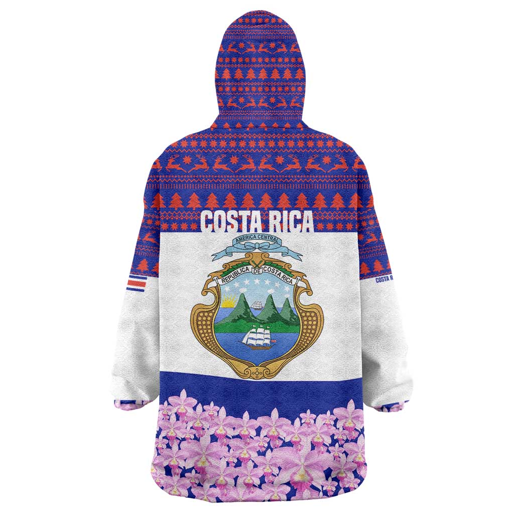 Costa Rica Christmas Wearable Blanket Hoodie with Santa Claus Pink Orchid Tree National Emblem and Festive Pattern Design - Wonder Print Shop