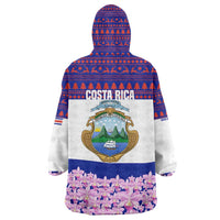 Costa Rica Christmas Wearable Blanket Hoodie with Santa Claus Pink Orchid Tree National Emblem and Festive Pattern Design - Wonder Print Shop