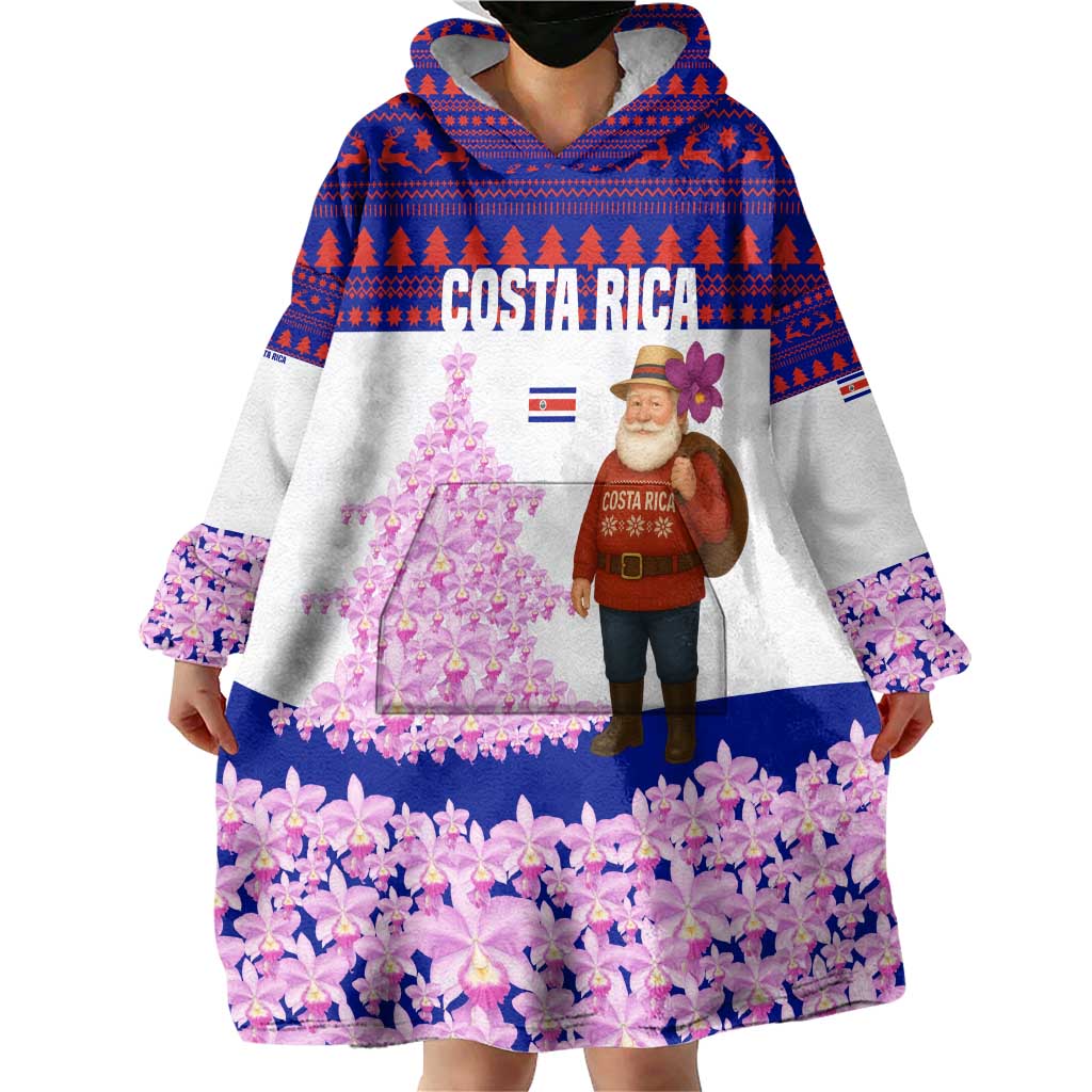 Costa Rica Christmas Wearable Blanket Hoodie with Santa Claus Pink Orchid Tree National Emblem and Festive Pattern Design - Wonder Print Shop