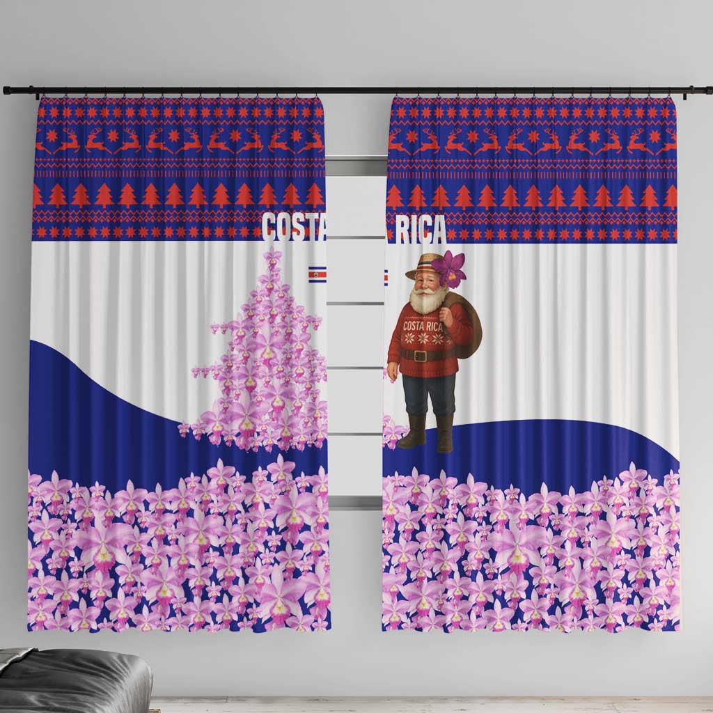 Costa Rica Christmas Window Curtain with Santa Claus Pink Orchid Tree National Emblem and Festive Pattern Design - Wonder Print Shop