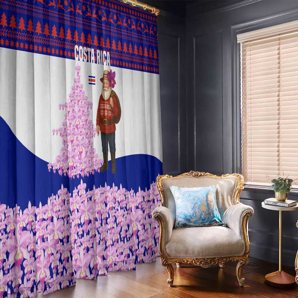 Costa Rica Christmas Window Curtain with Santa Claus Pink Orchid Tree National Emblem and Festive Pattern Design - Wonder Print Shop