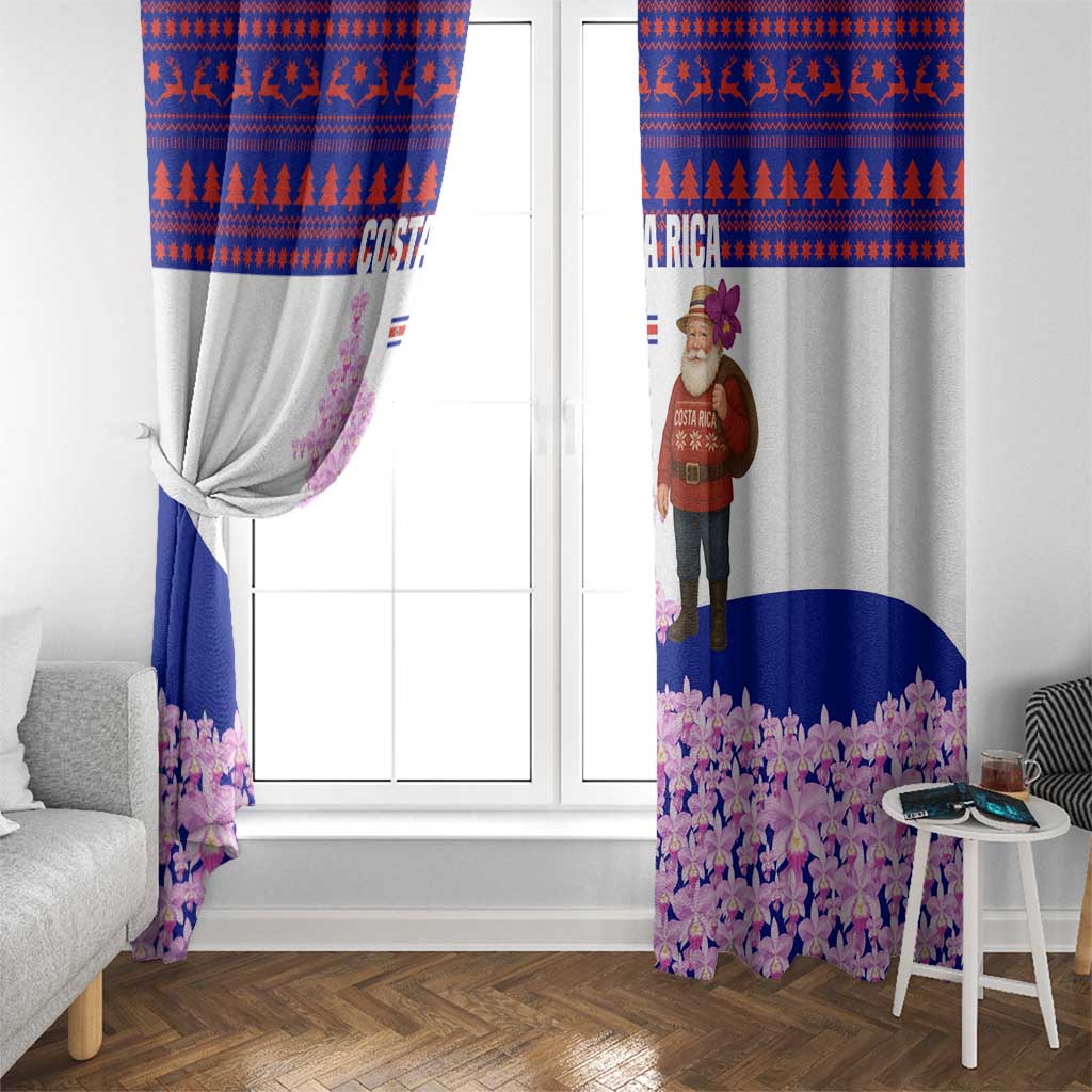 Costa Rica Christmas Window Curtain with Santa Claus Pink Orchid Tree National Emblem and Festive Pattern Design - Wonder Print Shop