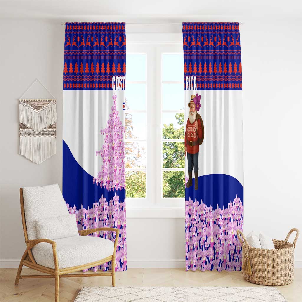 Costa Rica Christmas Window Curtain with Santa Claus Pink Orchid Tree National Emblem and Festive Pattern Design - Wonder Print Shop