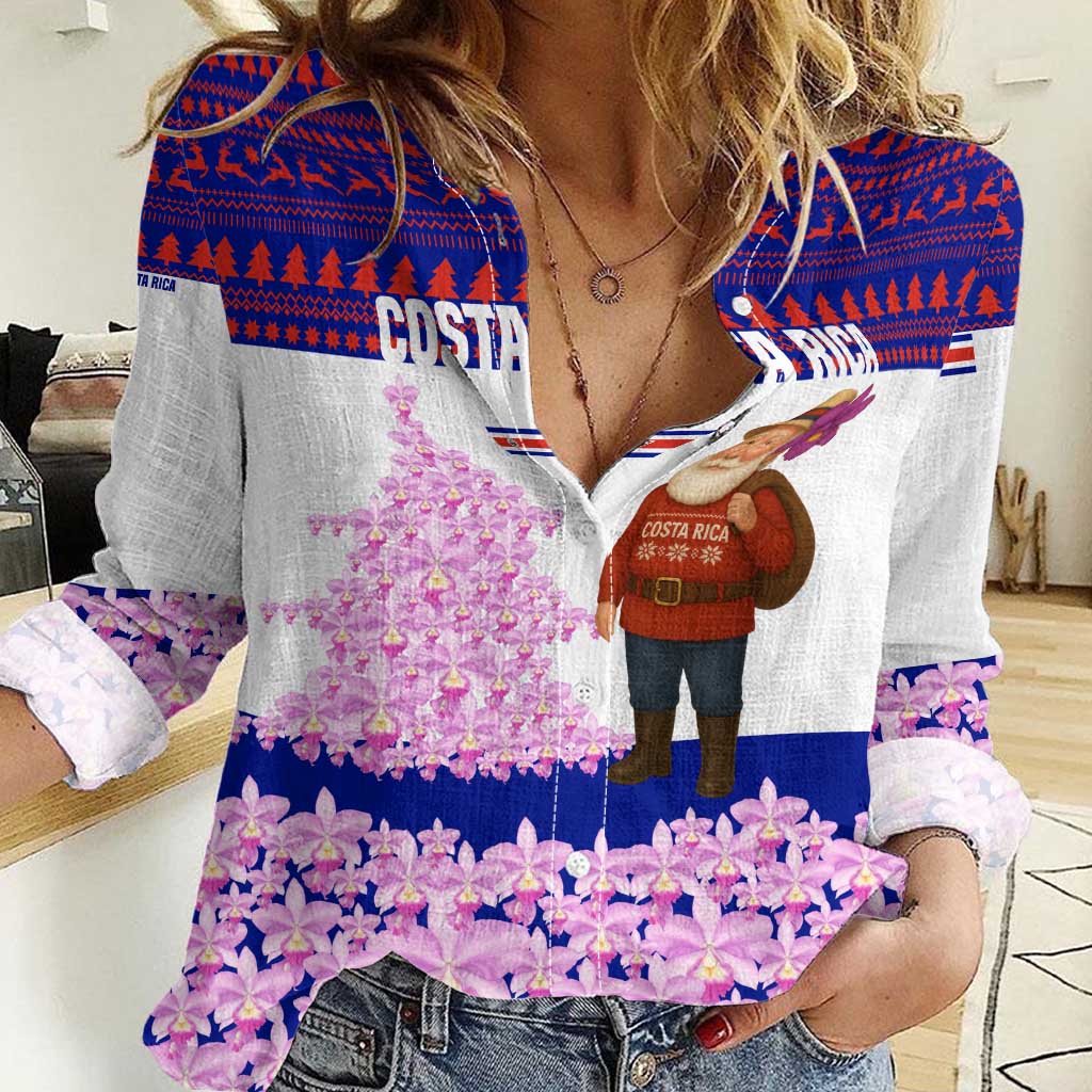 Costa Rica Christmas Women Casual Shirt with Santa Claus Pink Orchid Tree National Emblem and Festive Pattern Design - Wonder Print Shop