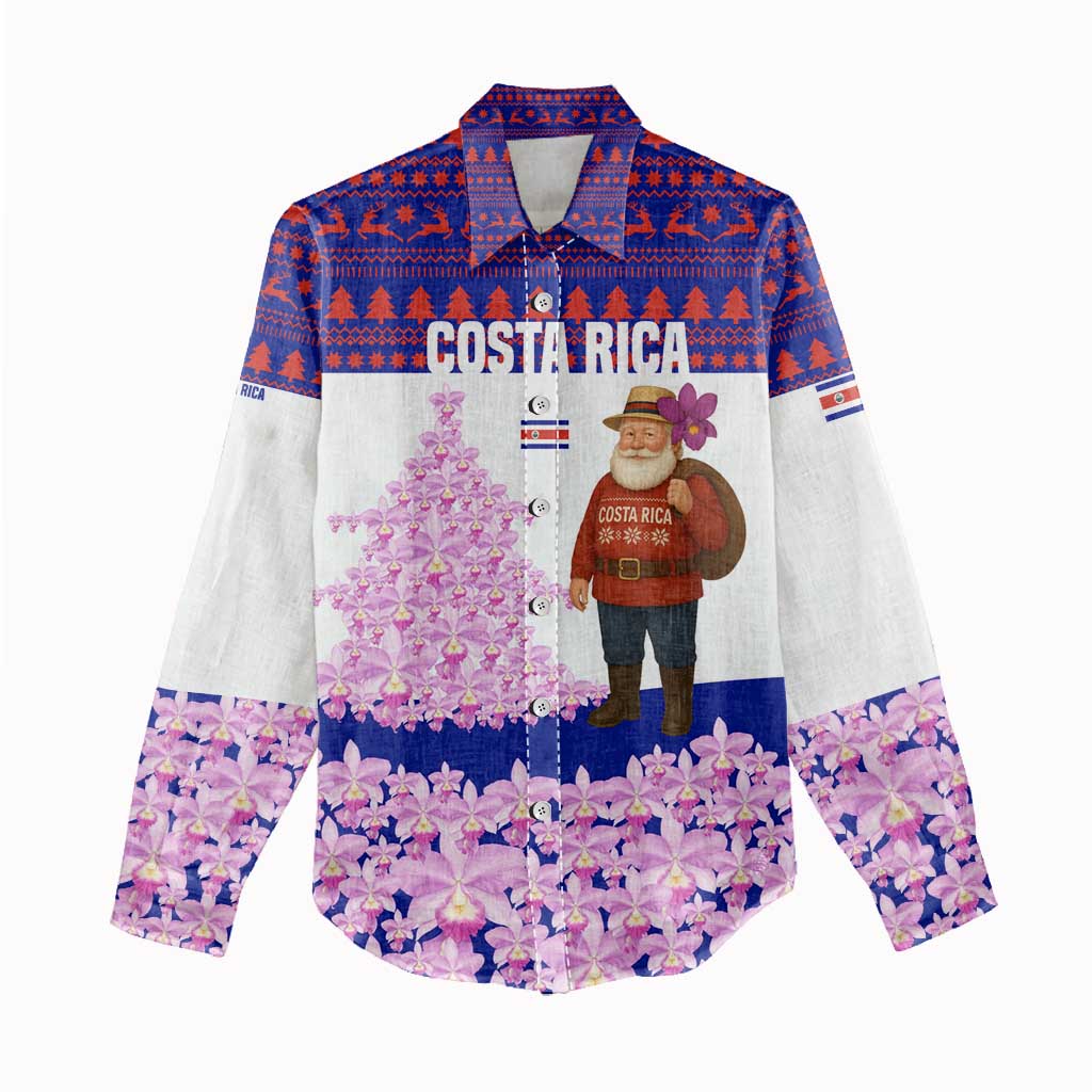 Costa Rica Christmas Women Casual Shirt with Santa Claus Pink Orchid Tree National Emblem and Festive Pattern Design - Wonder Print Shop