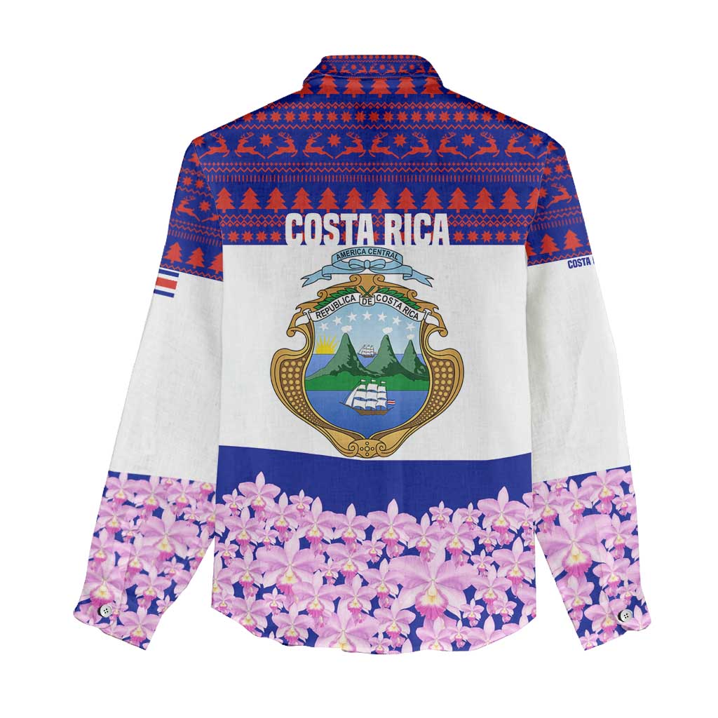 Costa Rica Christmas Women Casual Shirt with Santa Claus Pink Orchid Tree National Emblem and Festive Pattern Design - Wonder Print Shop