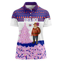 Costa Rica Christmas Women Polo Shirt with Santa Claus Pink Orchid Tree National Emblem and Festive Pattern Design - Wonder Print Shop