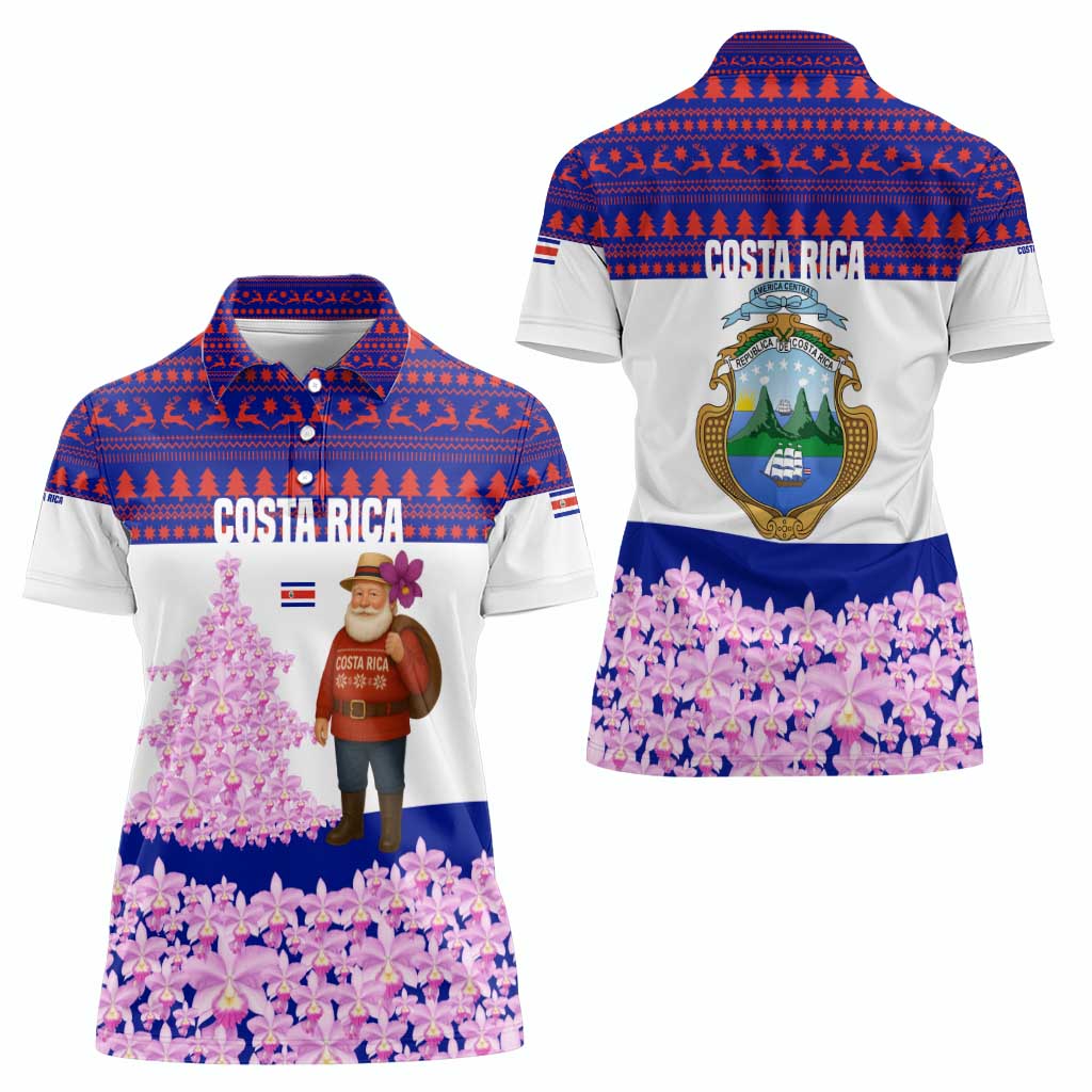 Costa Rica Christmas Women Polo Shirt with Santa Claus Pink Orchid Tree National Emblem and Festive Pattern Design - Wonder Print Shop