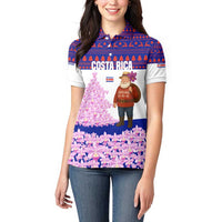 Costa Rica Christmas Women Polo Shirt with Santa Claus Pink Orchid Tree National Emblem and Festive Pattern Design - Wonder Print Shop