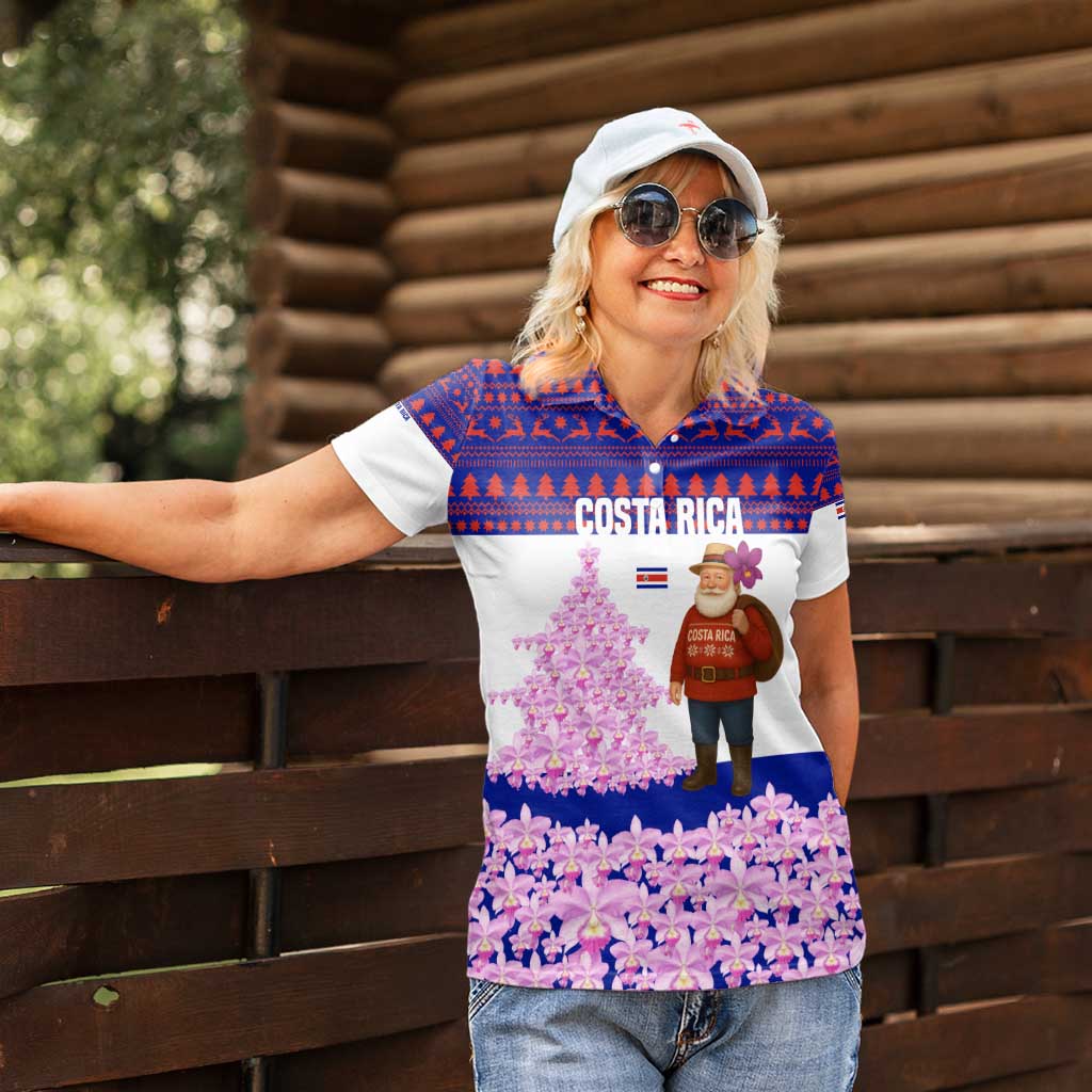 Costa Rica Christmas Women Polo Shirt with Santa Claus Pink Orchid Tree National Emblem and Festive Pattern Design - Wonder Print Shop
