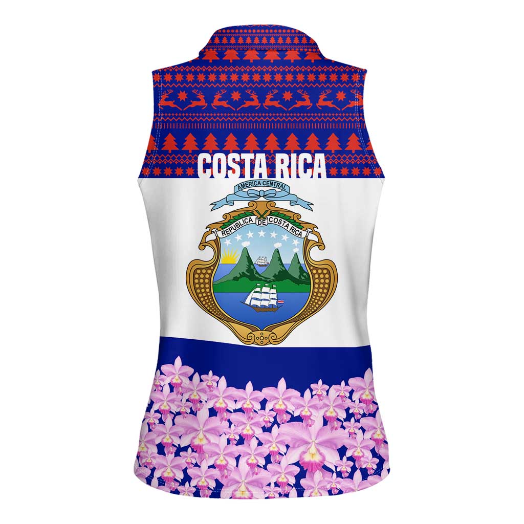 Costa Rica Christmas Women Sleeveless Polo Shirt with Santa Claus Pink Orchid Tree National Emblem and Festive Pattern Design - Wonder Print Shop