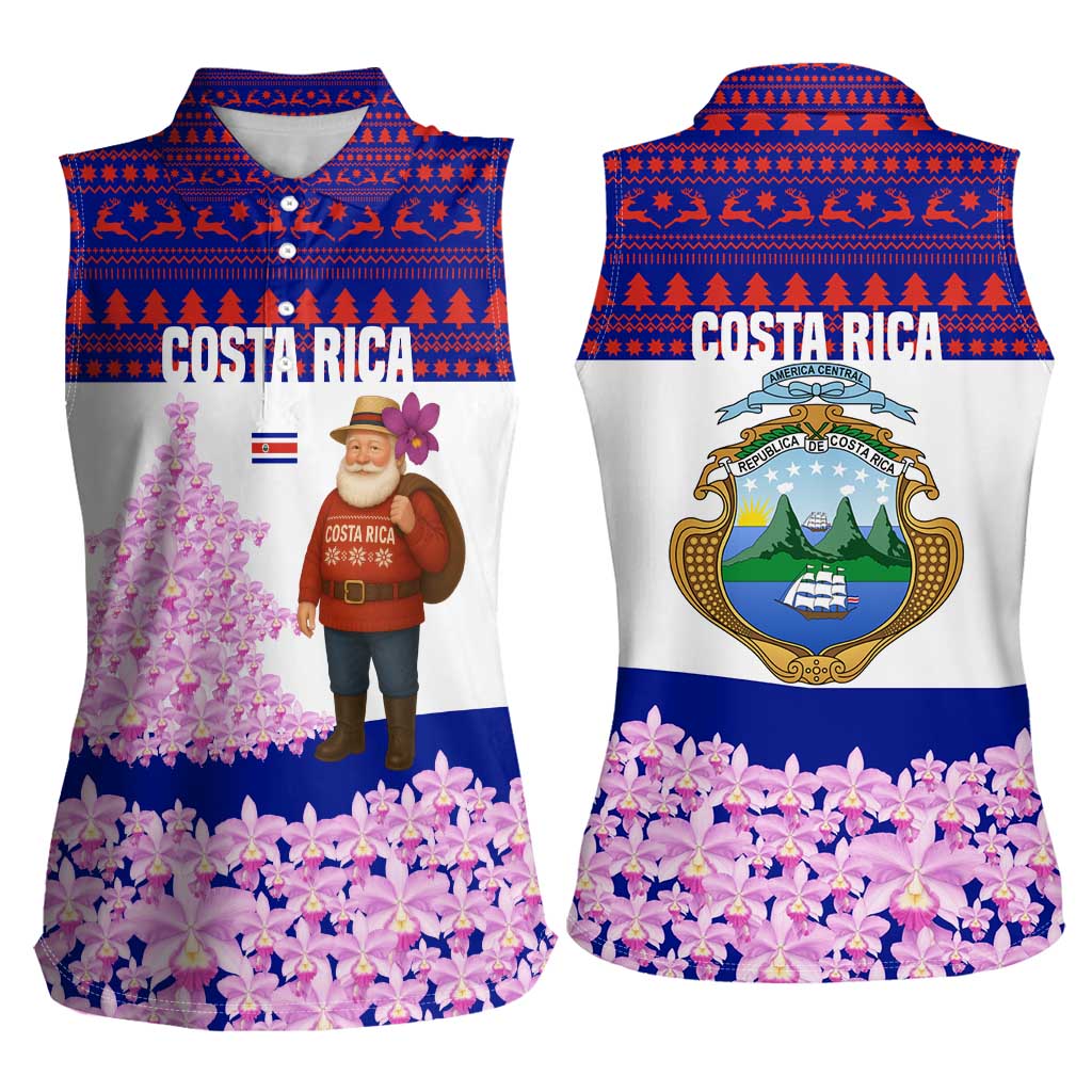 Costa Rica Christmas Women Sleeveless Polo Shirt with Santa Claus Pink Orchid Tree National Emblem and Festive Pattern Design - Wonder Print Shop