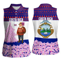 Costa Rica Christmas Women Sleeveless Polo Shirt with Santa Claus Pink Orchid Tree National Emblem and Festive Pattern Design - Wonder Print Shop
