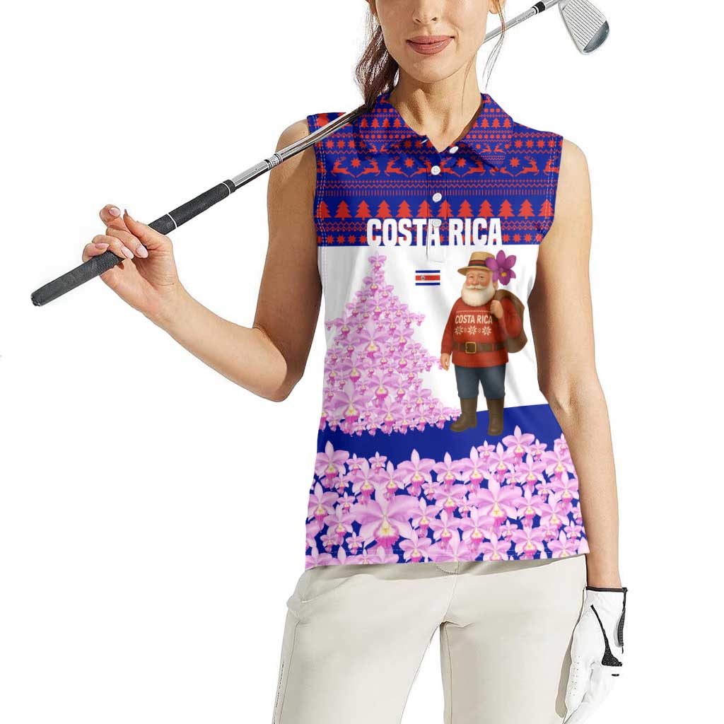 Costa Rica Christmas Women Sleeveless Polo Shirt with Santa Claus Pink Orchid Tree National Emblem and Festive Pattern Design - Wonder Print Shop