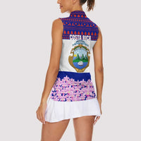 Costa Rica Christmas Women Sleeveless Polo Shirt with Santa Claus Pink Orchid Tree National Emblem and Festive Pattern Design - Wonder Print Shop