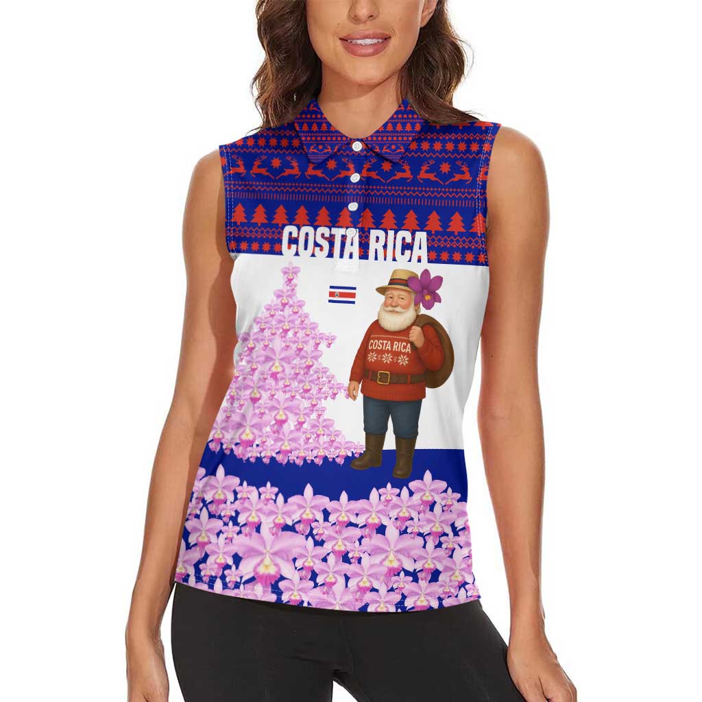 Costa Rica Christmas Women Sleeveless Polo Shirt with Santa Claus Pink Orchid Tree National Emblem and Festive Pattern Design - Wonder Print Shop