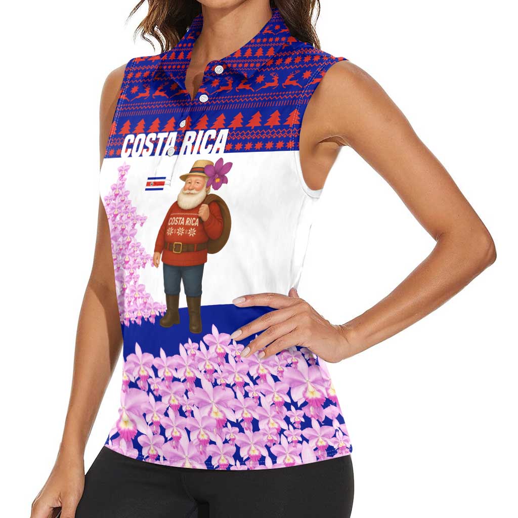 Costa Rica Christmas Women Sleeveless Polo Shirt with Santa Claus Pink Orchid Tree National Emblem and Festive Pattern Design - Wonder Print Shop
