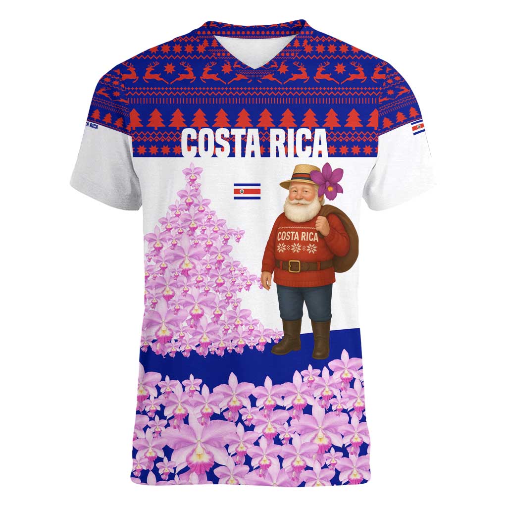 Costa Rica Christmas Women V-Neck T-Shirt with Santa Claus Pink Orchid Tree National Emblem and Festive Pattern Design - Wonder Print Shop
