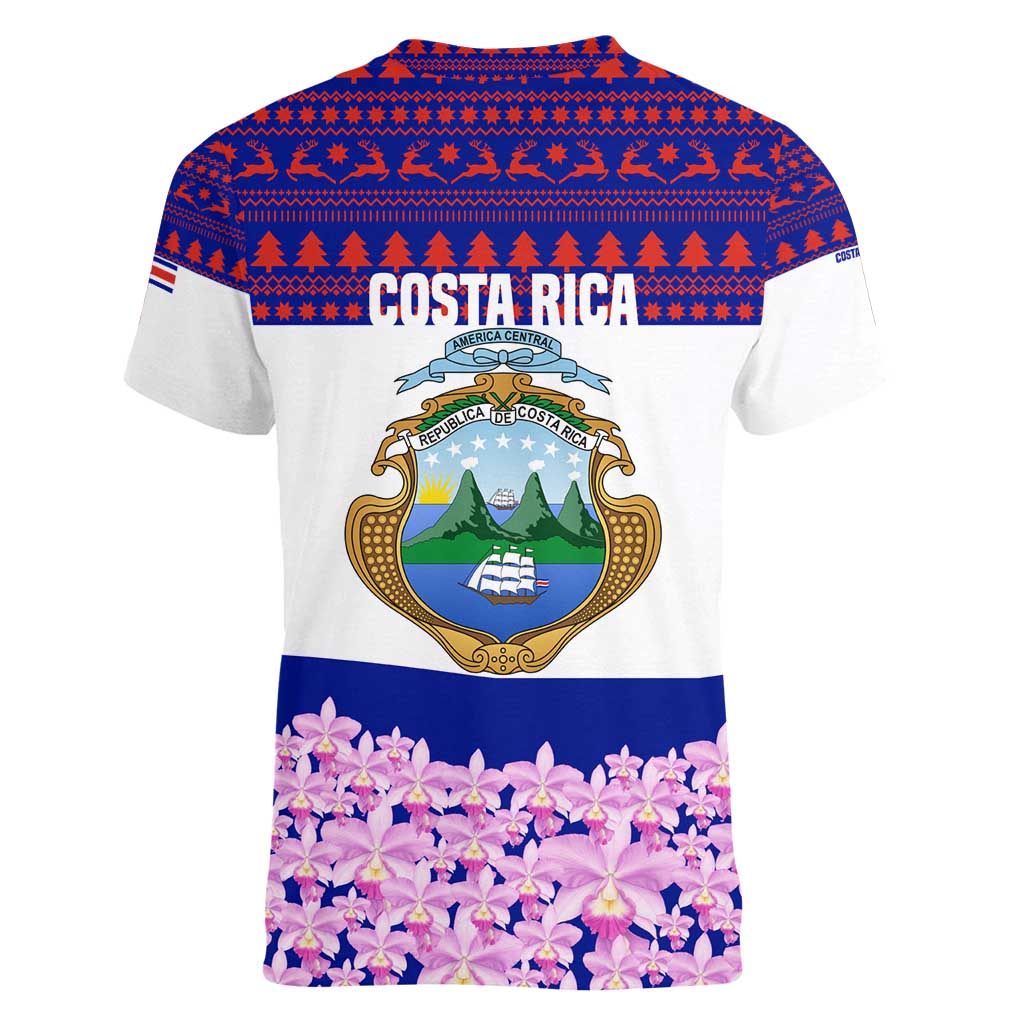 Costa Rica Christmas Women V-Neck T-Shirt with Santa Claus Pink Orchid Tree National Emblem and Festive Pattern Design - Wonder Print Shop