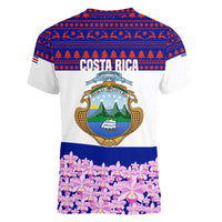 Costa Rica Christmas Women V-Neck T-Shirt with Santa Claus Pink Orchid Tree National Emblem and Festive Pattern Design - Wonder Print Shop