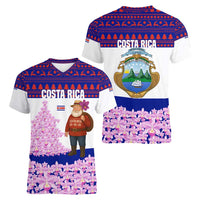 Costa Rica Christmas Women V-Neck T-Shirt with Santa Claus Pink Orchid Tree National Emblem and Festive Pattern Design - Wonder Print Shop