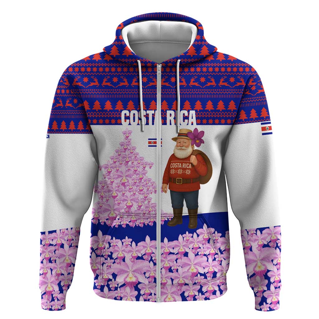 Costa Rica Christmas Zip Hoodie with Santa Claus Pink Orchid Tree National Emblem and Festive Pattern Design - Wonder Print Shop