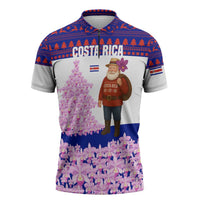 Costa Rica Christmas Zipper Polo Shirt with Santa Claus Pink Orchid Tree National Emblem and Festive Pattern Design - Wonder Print Shop