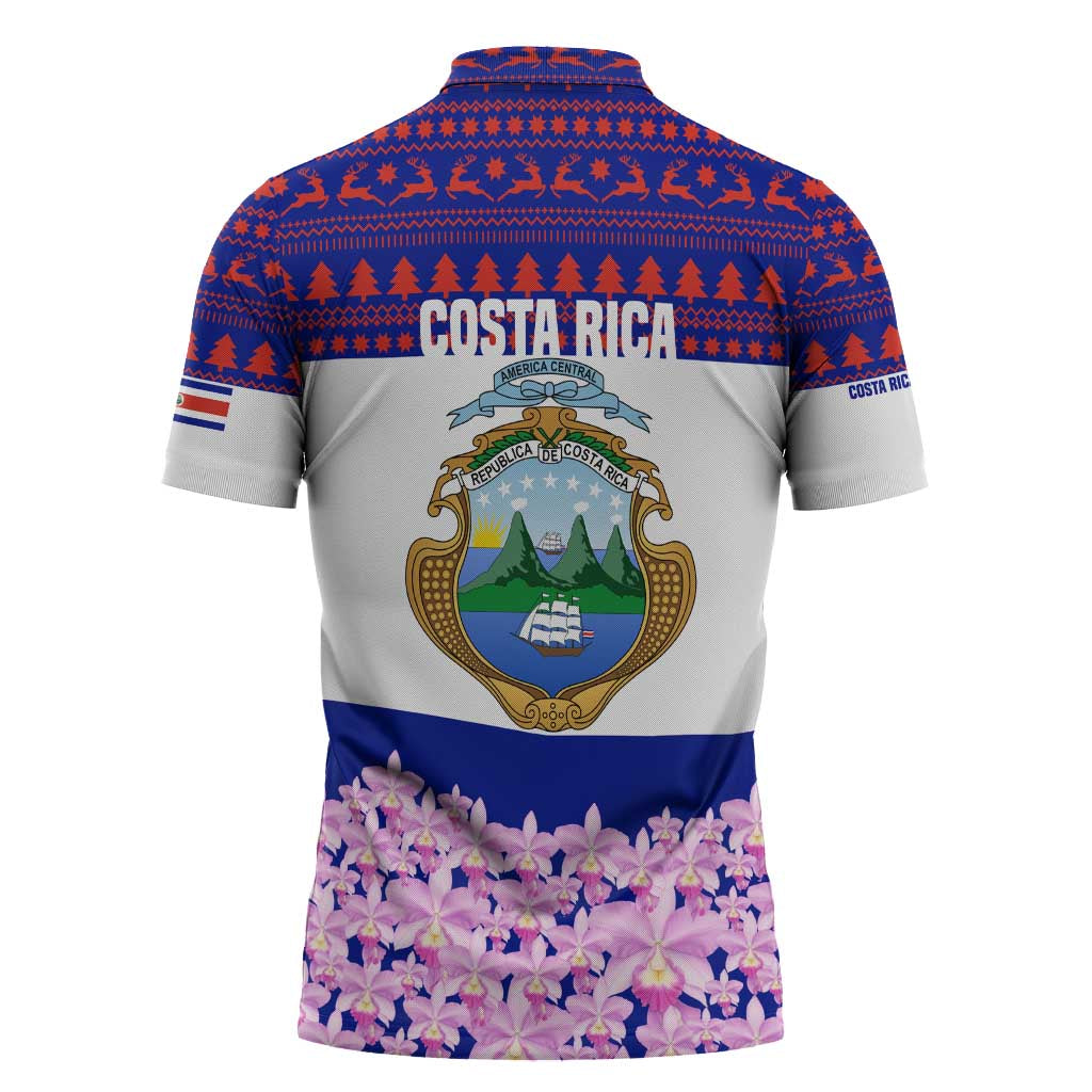 Costa Rica Christmas Zipper Polo Shirt with Santa Claus Pink Orchid Tree National Emblem and Festive Pattern Design - Wonder Print Shop