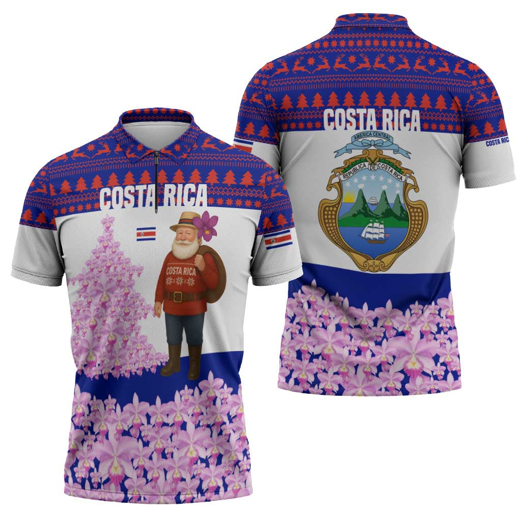 Costa Rica Christmas Zipper Polo Shirt with Santa Claus Pink Orchid Tree National Emblem and Festive Pattern Design - Wonder Print Shop