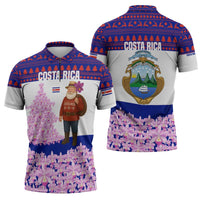Costa Rica Christmas Zipper Polo Shirt with Santa Claus Pink Orchid Tree National Emblem and Festive Pattern Design - Wonder Print Shop