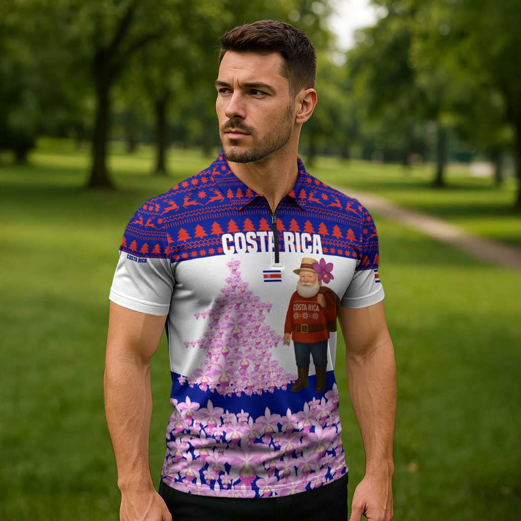 Costa Rica Christmas Zipper Polo Shirt with Santa Claus Pink Orchid Tree National Emblem and Festive Pattern Design - Wonder Print Shop