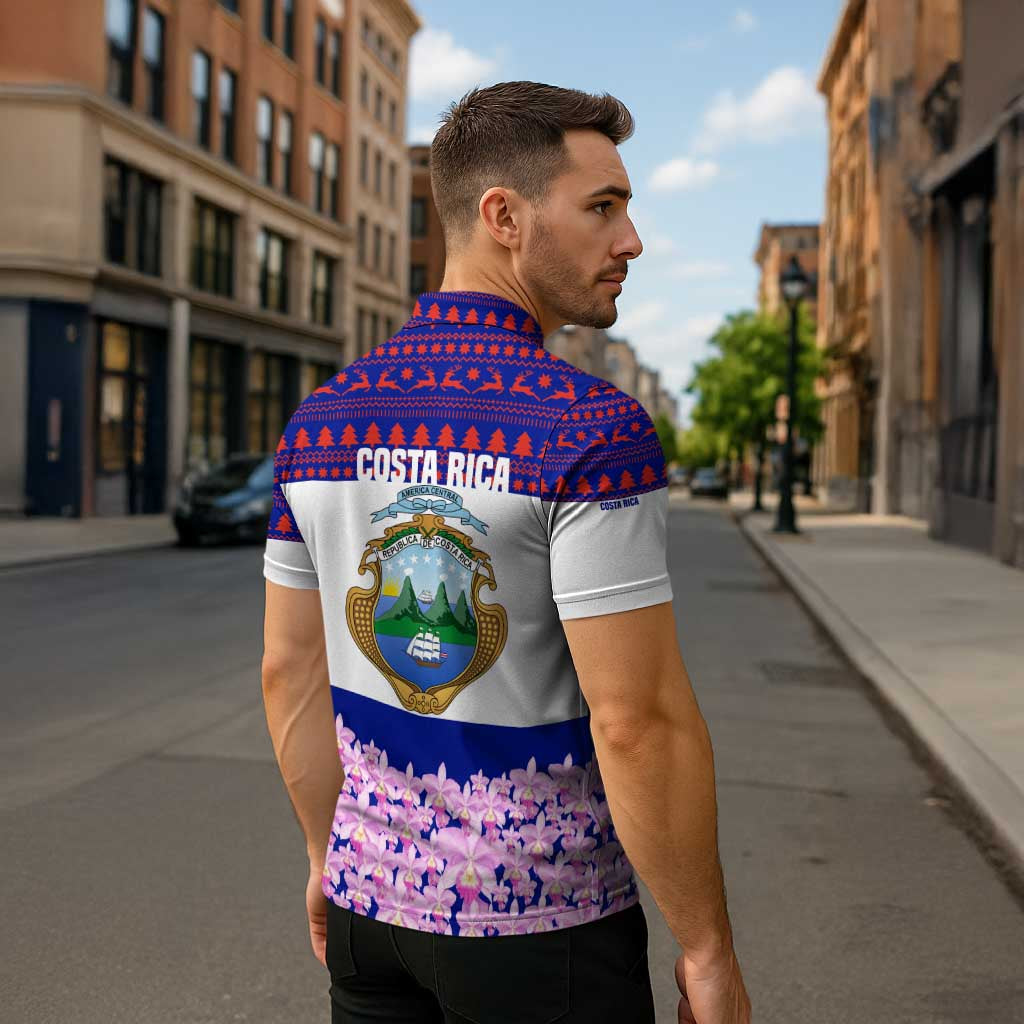 Costa Rica Christmas Zipper Polo Shirt with Santa Claus Pink Orchid Tree National Emblem and Festive Pattern Design - Wonder Print Shop