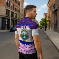 Costa Rica Christmas Zipper Polo Shirt with Santa Claus Pink Orchid Tree National Emblem and Festive Pattern Design - Wonder Print Shop