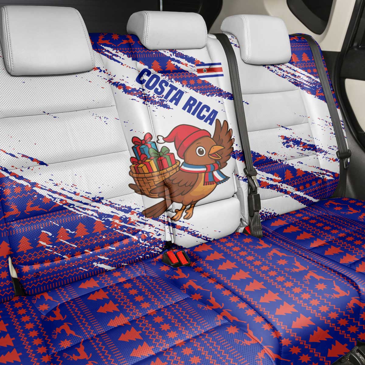 Costa Rica Christmas Back Car Seat Cover with Holiday Bird Gifts Red Blue Pattern and National Flag Design - Wonder Print Shop