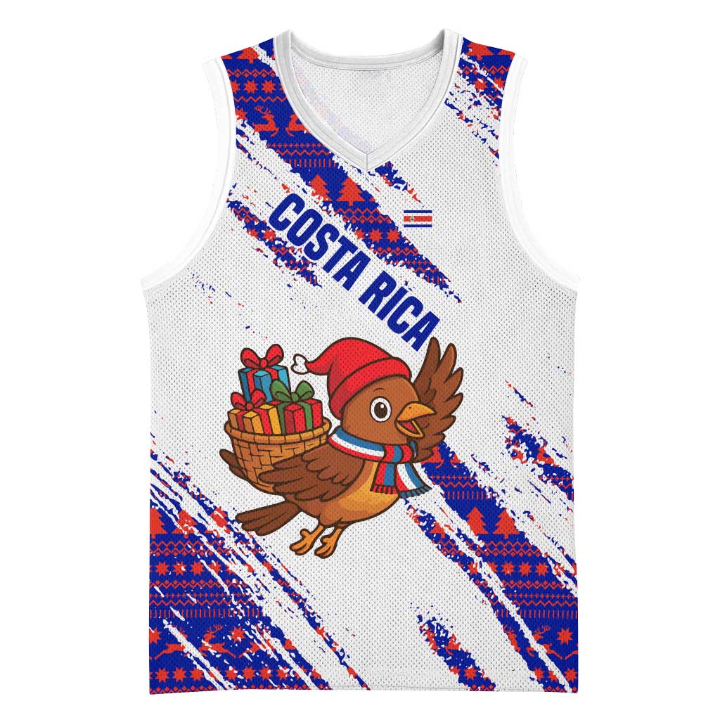 Costa Rica Christmas Basketball Jersey with Holiday Bird Gifts Red Blue Pattern and National Flag Design - Wonder Print Shop