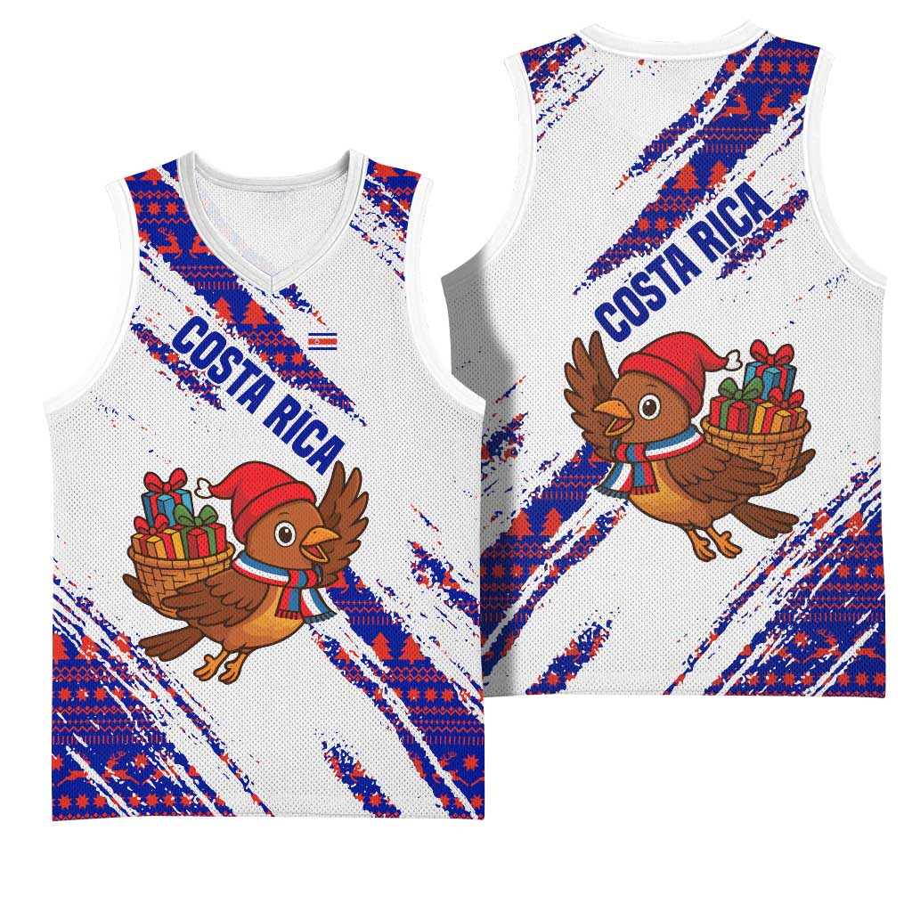 Costa Rica Christmas Basketball Jersey with Holiday Bird Gifts Red Blue Pattern and National Flag Design - Wonder Print Shop
