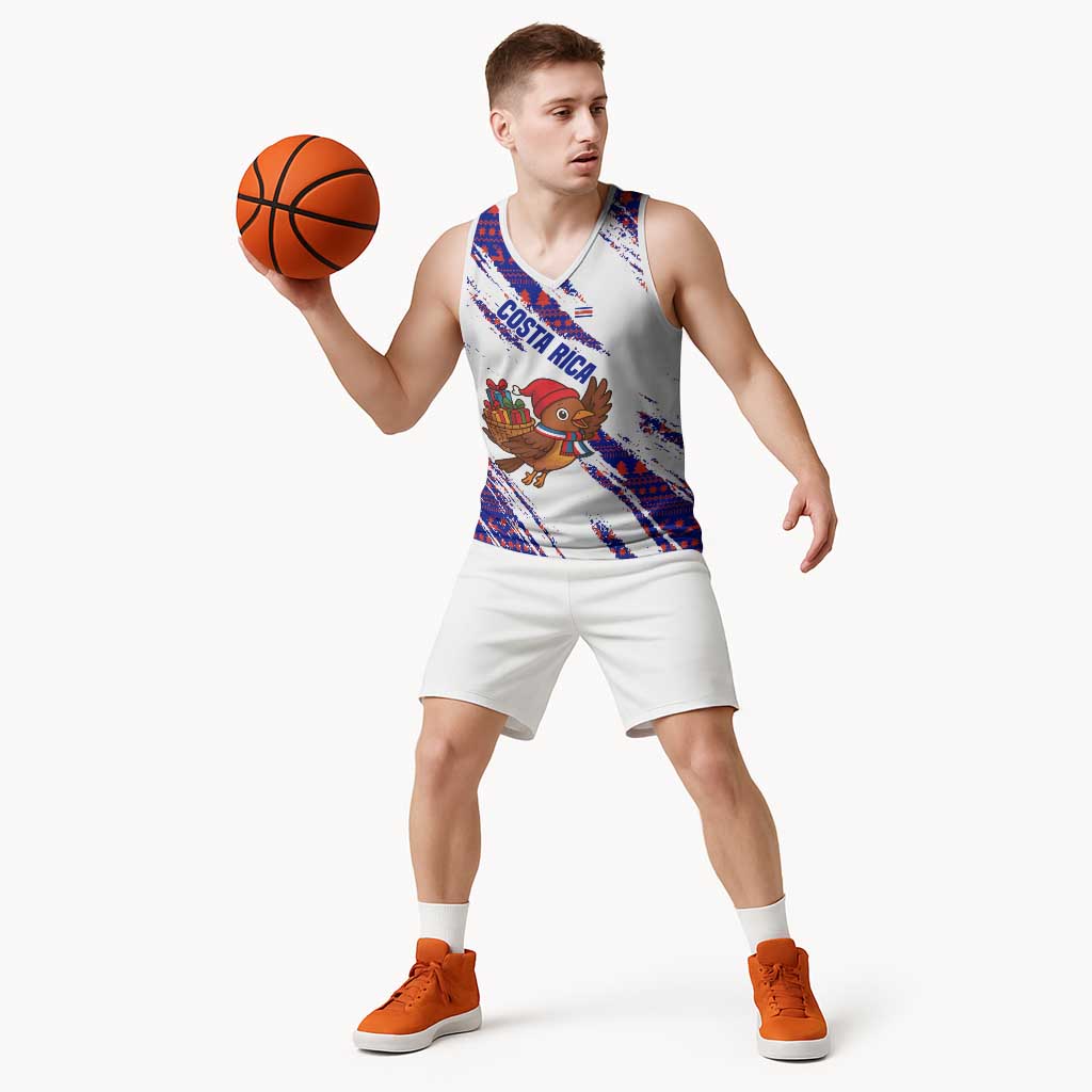 Costa Rica Christmas Basketball Jersey with Holiday Bird Gifts Red Blue Pattern and National Flag Design - Wonder Print Shop