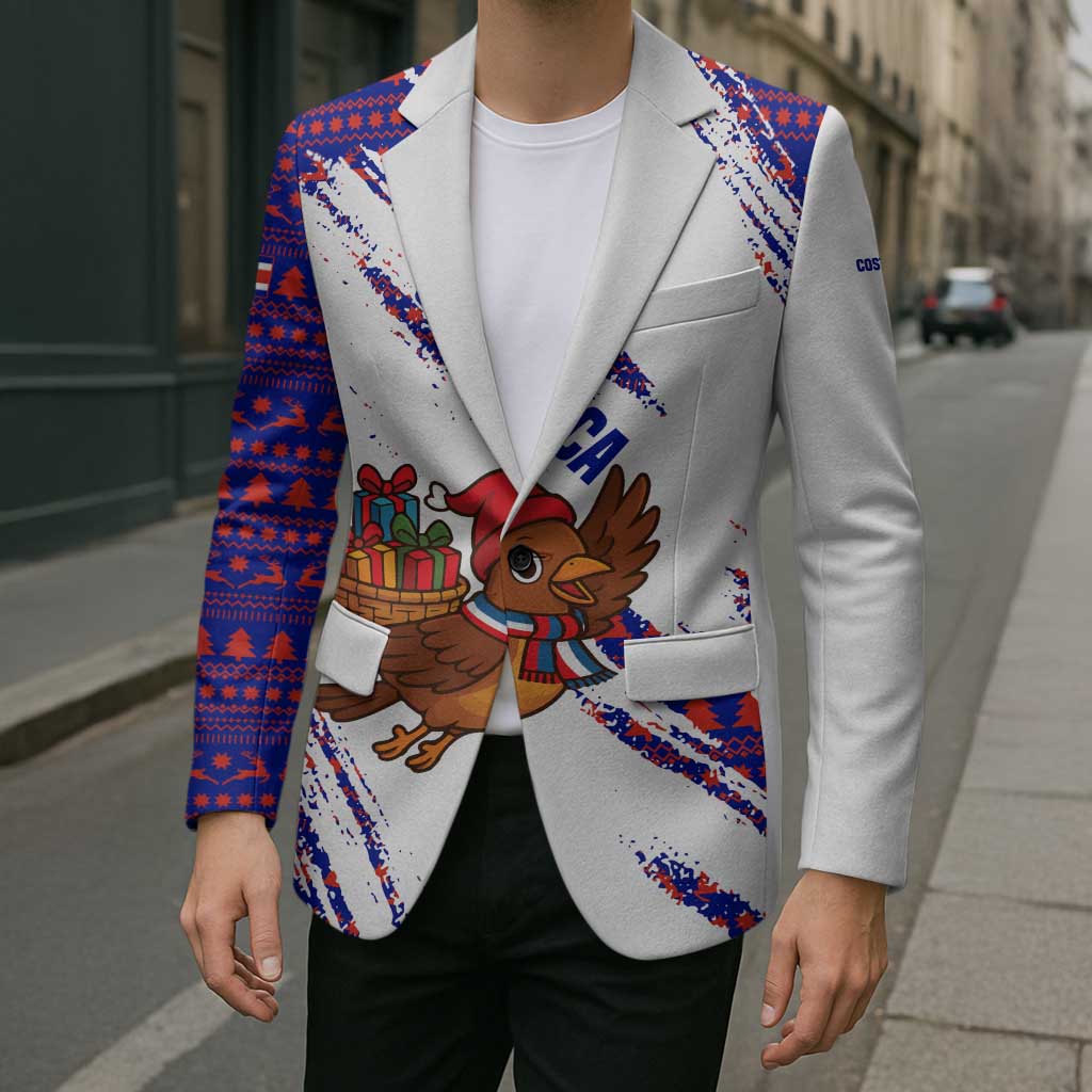 Costa Rica Christmas Blazer with Holiday Bird Gifts Red Blue Pattern and National Flag Design - Wonder Print Shop