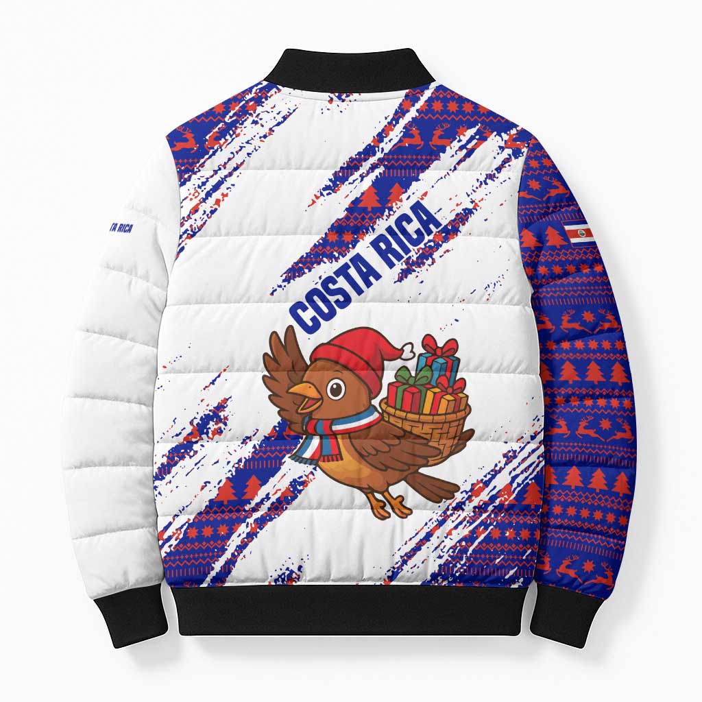 Costa Rica Christmas Bomber Puffer Jacket with Holiday Bird Gifts Red Blue Pattern and National Flag Design - Wonder Print Shop