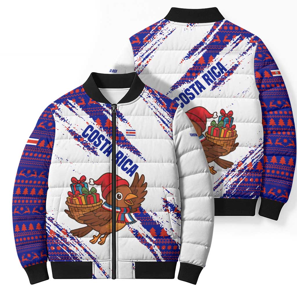 Costa Rica Christmas Bomber Puffer Jacket with Holiday Bird Gifts Red Blue Pattern and National Flag Design - Wonder Print Shop