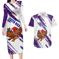 Costa Rica Christmas Couples Matching Long Sleeve Bodycon Dress and Hawaiian Shirt with Holiday Bird Gifts Red Blue Pattern and National Flag Design - Wonder Print Shop