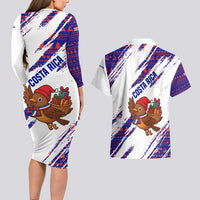 Costa Rica Christmas Couples Matching Long Sleeve Bodycon Dress and Hawaiian Shirt with Holiday Bird Gifts Red Blue Pattern and National Flag Design - Wonder Print Shop