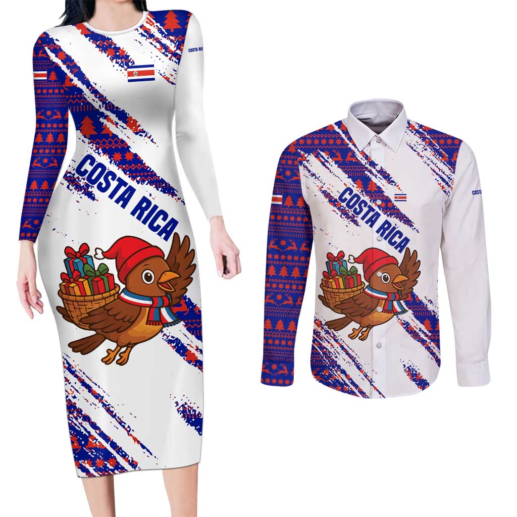 Costa Rica Christmas Couples Matching Long Sleeve Bodycon Dress and Long Sleeve Button Shirt with Holiday Bird Gifts Red Blue Pattern and National Flag Design - Wonder Print Shop