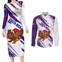 Costa Rica Christmas Couples Matching Long Sleeve Bodycon Dress and Long Sleeve Button Shirt with Holiday Bird Gifts Red Blue Pattern and National Flag Design - Wonder Print Shop