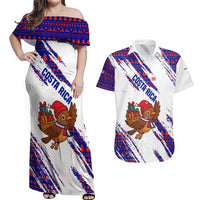 Costa Rica Christmas Couples Matching Off Shoulder Maxi Dress and Hawaiian Shirt with Holiday Bird Gifts Red Blue Pattern and National Flag Design - Wonder Print Shop